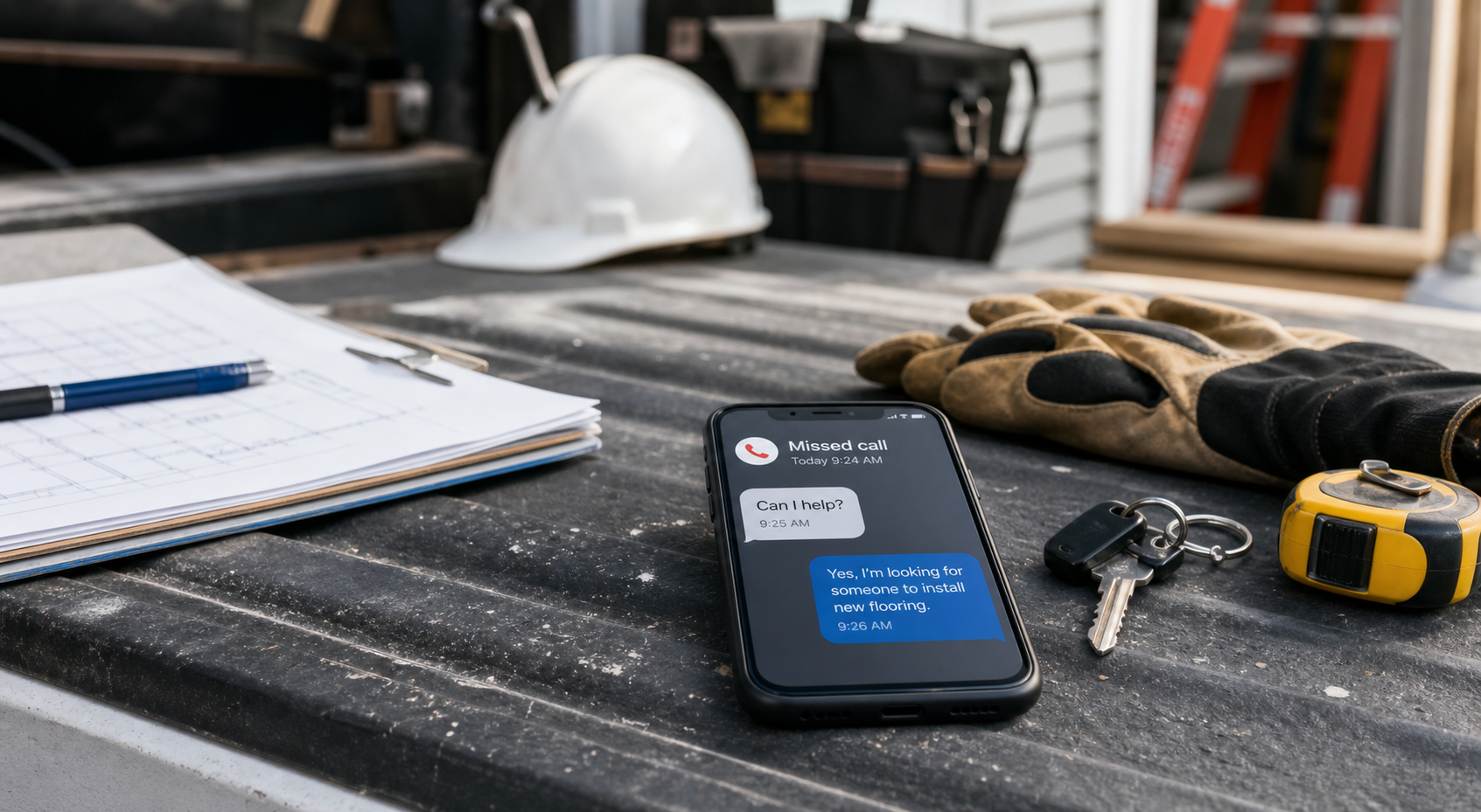 Contractor workspace with phone showing missed-call follow-up
